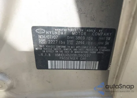 2008 Hyundai Elantra Gls/Se z USA, uszkodzony, nr VIN KMHDU46D08U360697